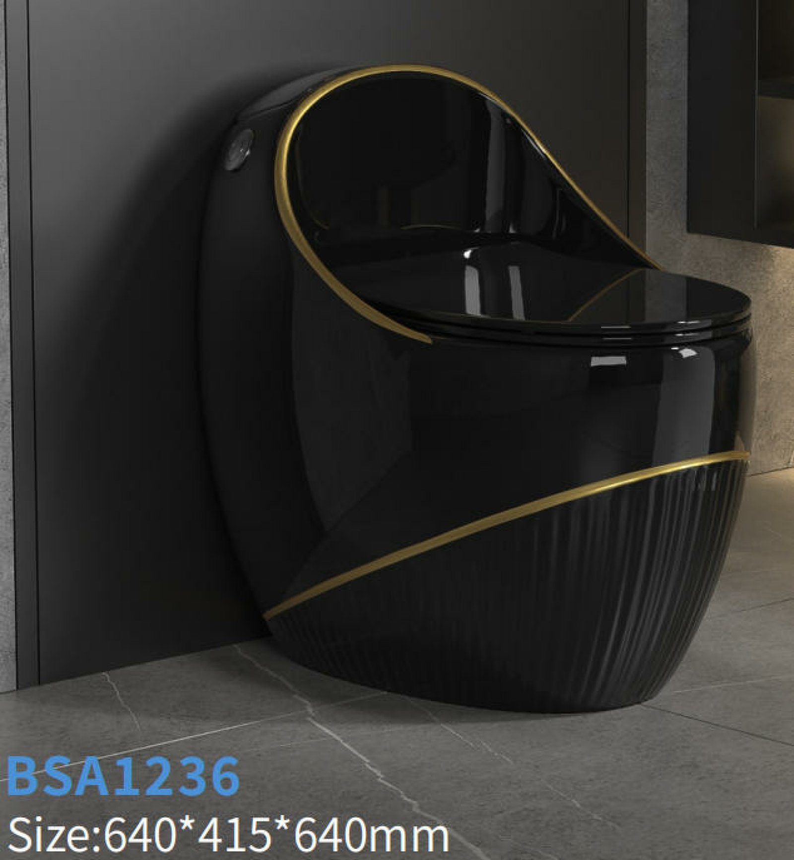 Sanitario One Piece Negro Brillante con Detalles Dorados – Diseño Tipo Huevo - CasaNova Colombia