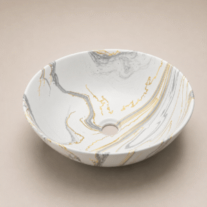 Lavamanos Redondo, tipo tazon – Elegance Oval (Blanco con vetas grises y amarillas mate) - CasaNova Colombia