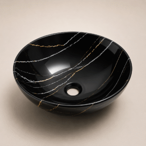 Lavamanos Redondo, tipo tazon – Elegance Oval (Negro con vetas grises y amarillas brillante) - CasaNova Colombia